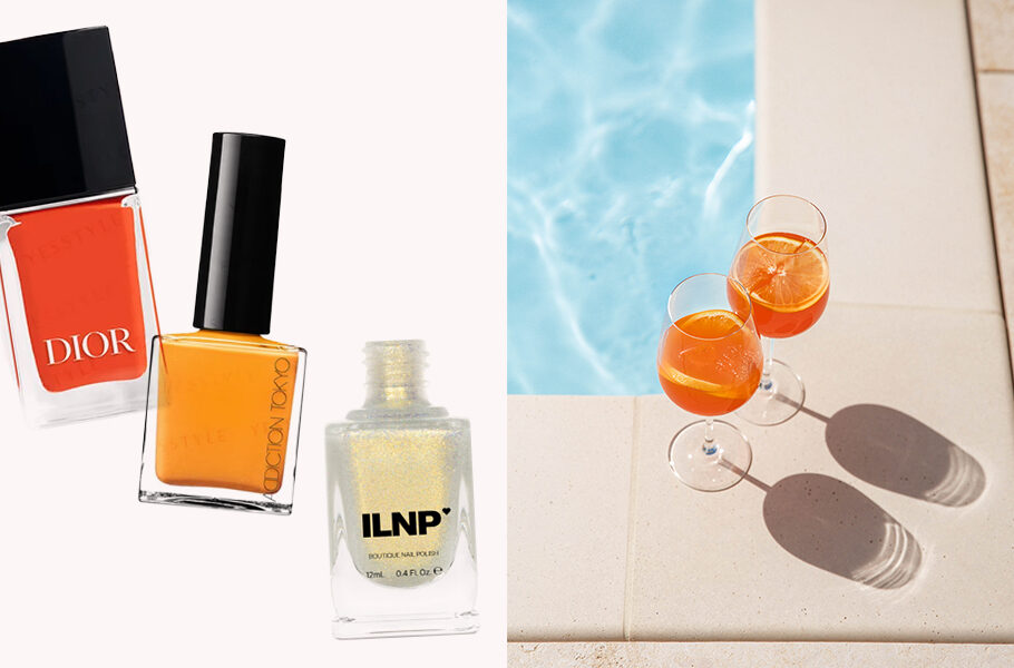 Side-by-side photo of colorful nail polishes next to a photo of aperol spritz poolside