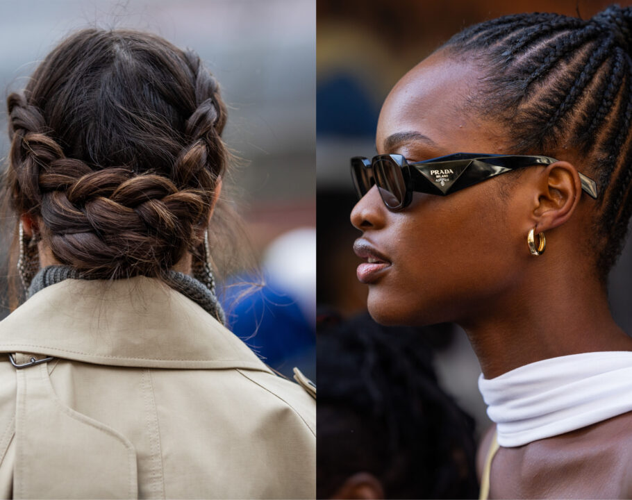 side-by-side photo of woman with braided bun and a cornrow braid high ponytail