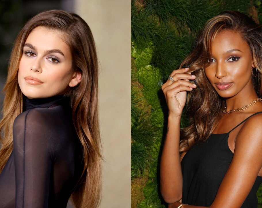 side-by-side images of Kaia Gerber and Jasmine Tookes both wearing black dresses and long, wavy, caramel-highlighted brown hair