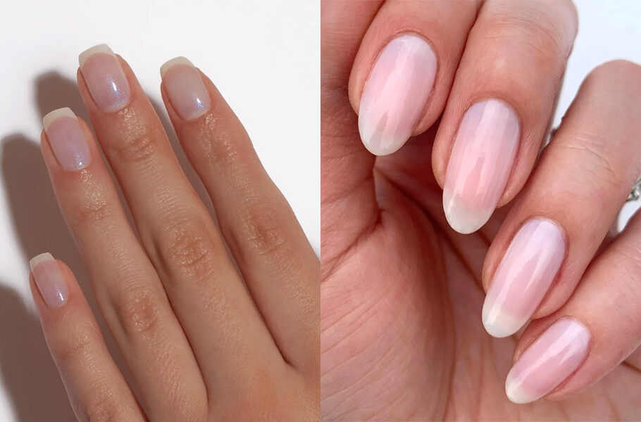 side-by-side photo of hands with nude nail polish