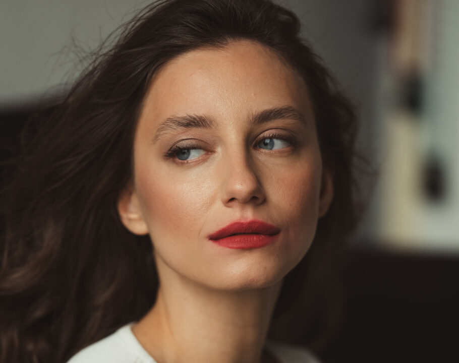 woman face portrait with red lipstick