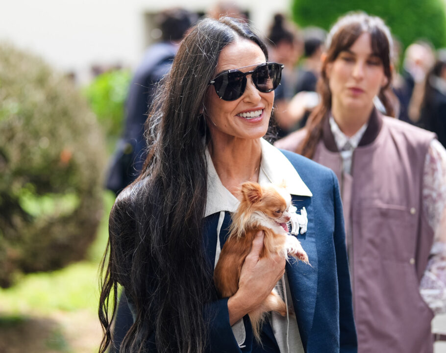 Demi Moore in sunglasses outdoors with long hair and holding a small dog