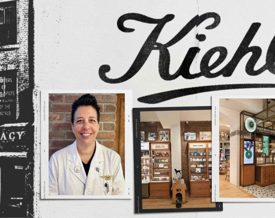 collage of images of Kiehl's stores and headshot of Kiehl's longtime employee