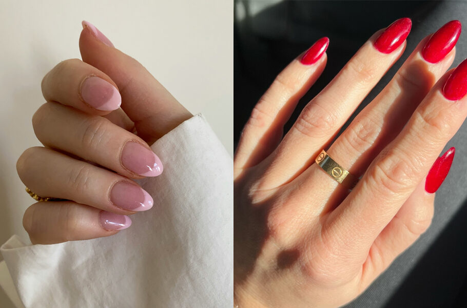 side by side images of manicured hands with nail polish