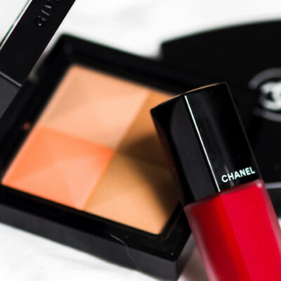 Chanel makeup palette and red lip product