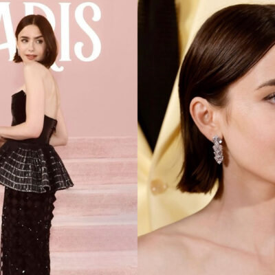 side by side images of Lily Collins at the Emily in Paris season 4 premiere