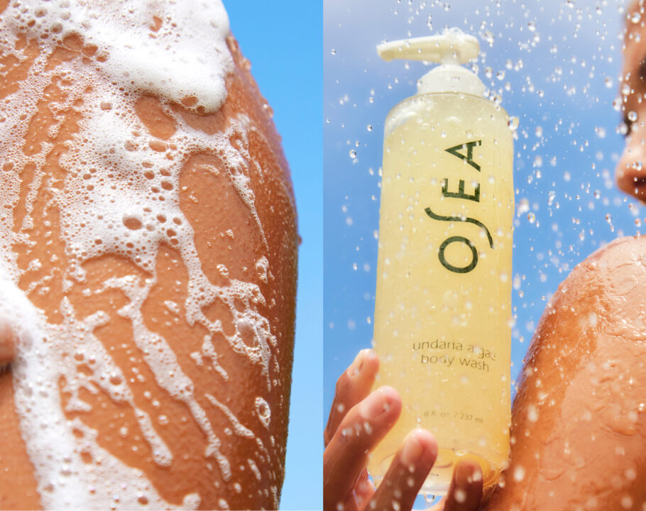 Side by side images of body wash soap suds on skin and a woman in the shower holding a bottle of OSEA body wash