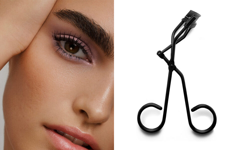 side by side image of close up of woman's eye and lash curler