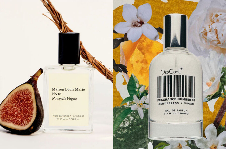 side by side images of staged perfume bottles, Maison Louis Marie No 13 and DedCool Fragrance Number 01