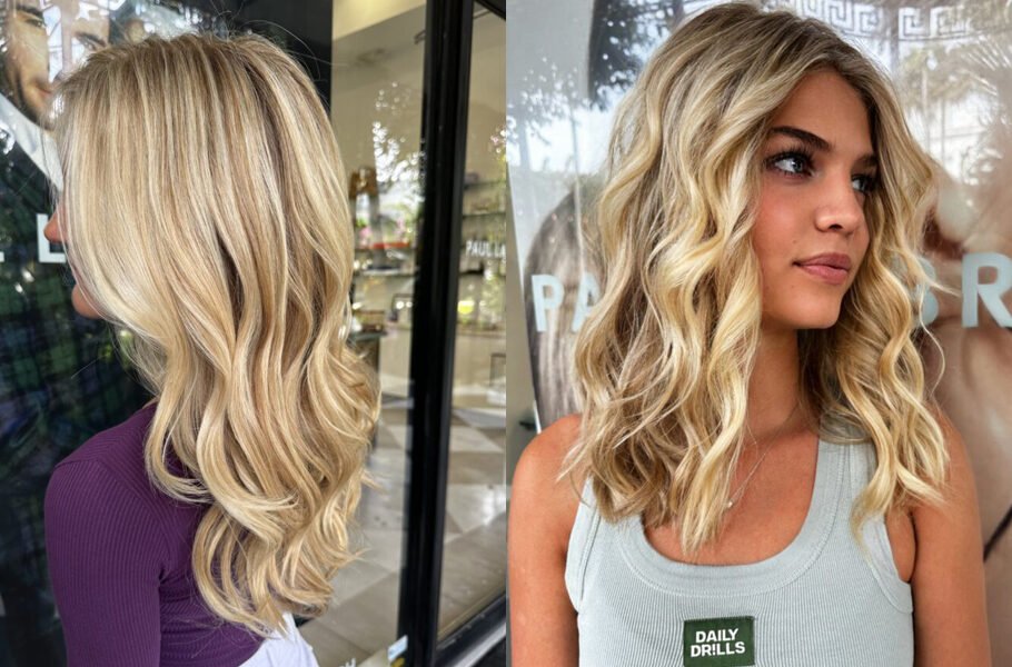 side by side images of woman with "Palm Beach Blonde" hair