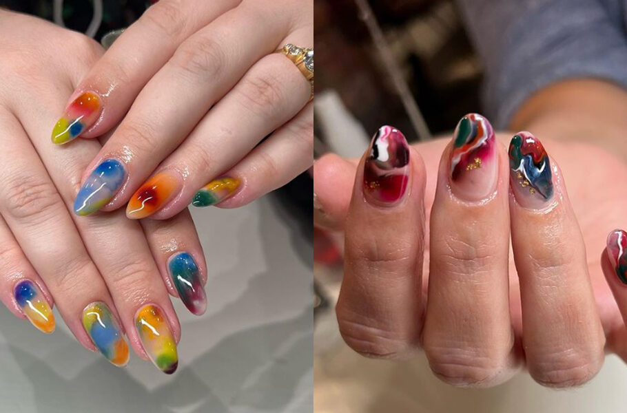 side by side images of blooming gel manicures