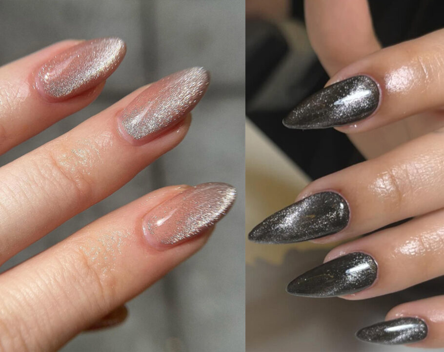 A collage of two photos side by side of women's hands, each with a cashmere nail design