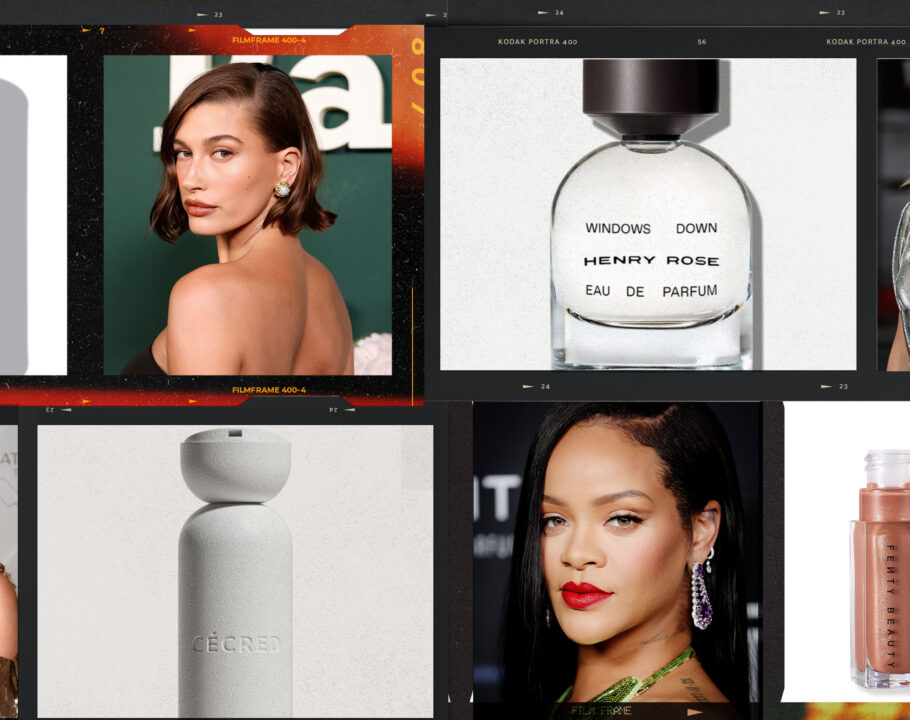 collage of celebrities and their beauty brand products