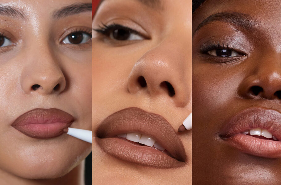 three images of women wearing dark lip liners