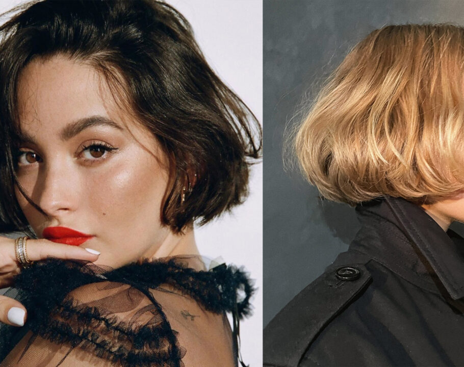 A side-by-side collage of two women with micro bobs; on the right, a side profile of a woman with a bob and her had touching her chin; on the left, a side profile of a woman with bob wearing a trench coat