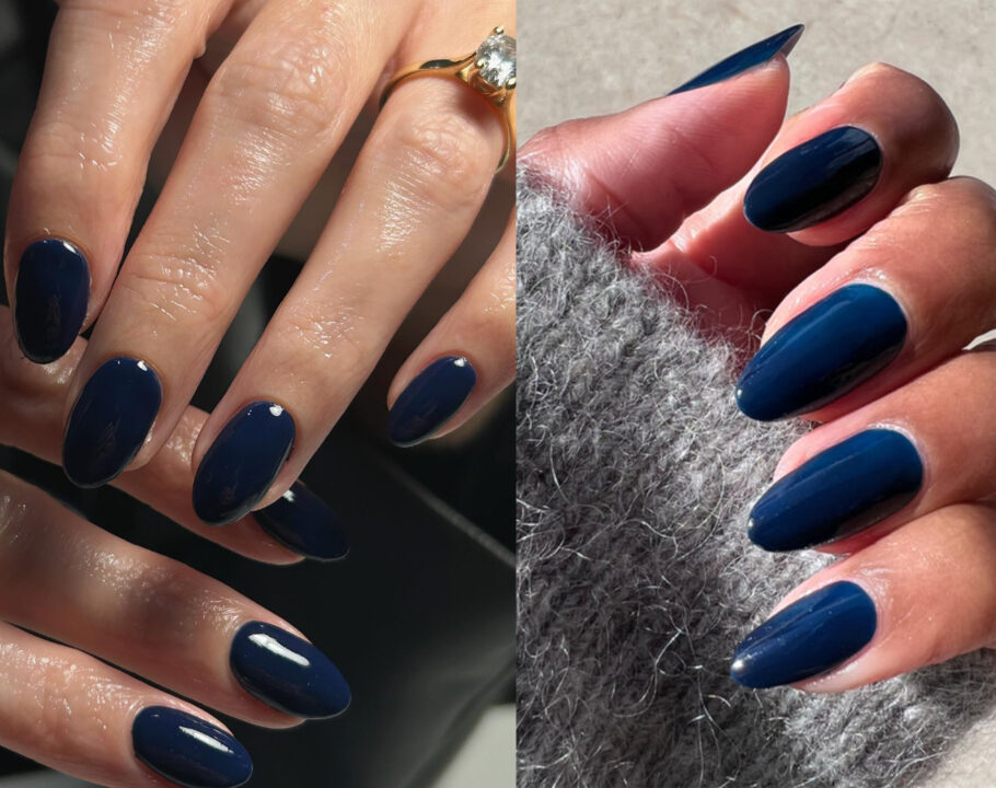 A collage of two photos side by side: on the left, a close up of woman's hands with a ring on each finger; on the right side, a close up image of a woman's navy nails and the sleeve of her sweater