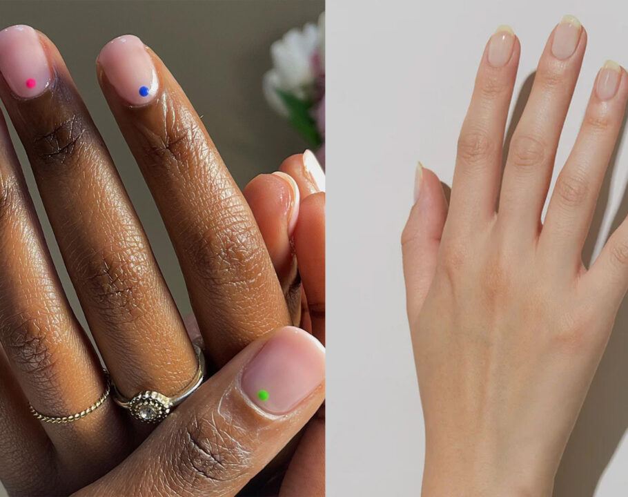 A collage of hand of two hands showcasing their sheer nail polish. On the left side, a woman's hand with two rings on her finger and sheer nail polish with a dot of color on each nail. On the right side, a woman's hand with a sheer French manicure