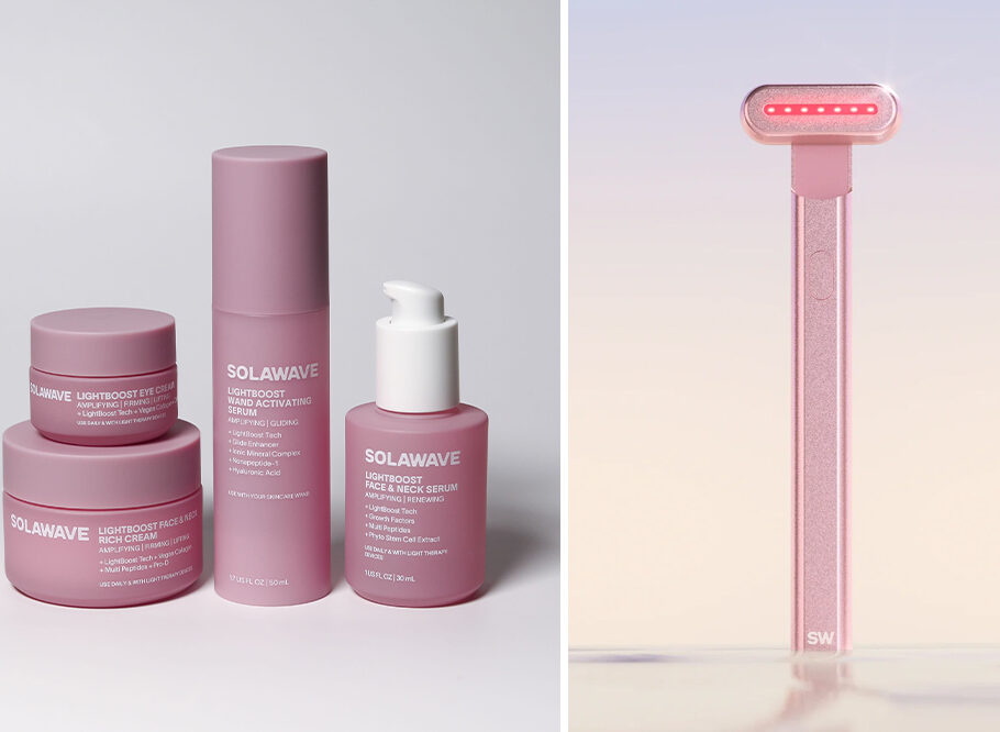 A side by side collage of solawave skin care products. The photo on the left has four skincare products and the photo on the right has a razor