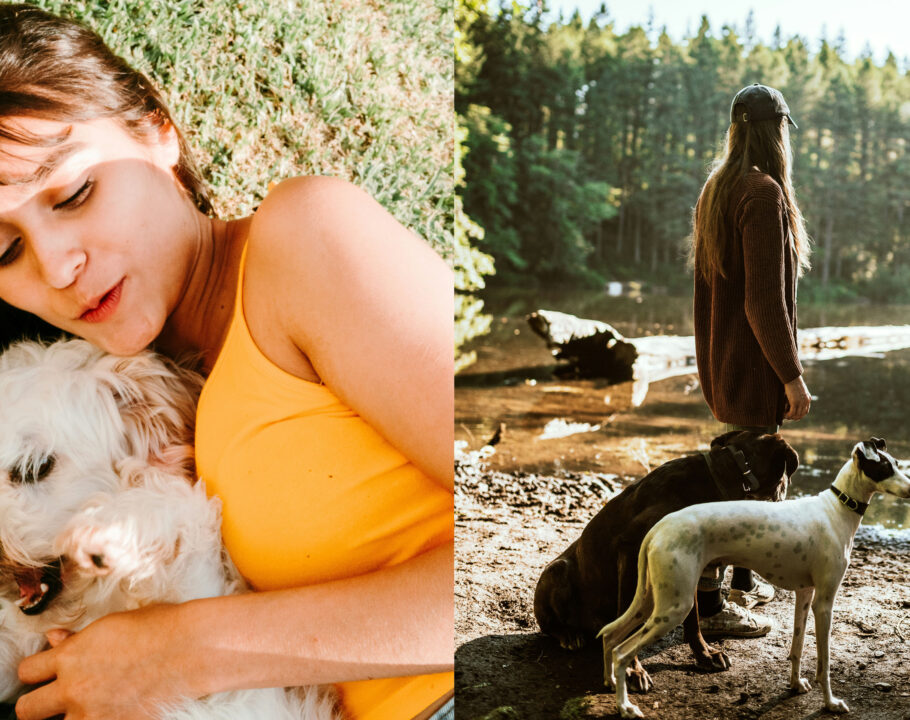 side by side images of women outdoors with their dogs